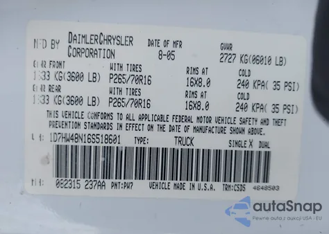 2006 Dodge Dakota Slt z USA, uszkodzony, nr VIN 1D7HW48N16S518601